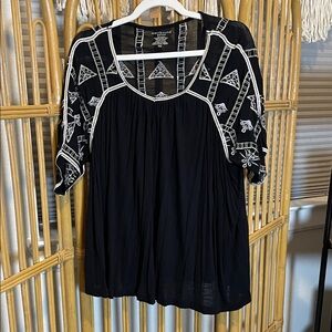 Westbound Black Blouse with White Geometric Embroidery